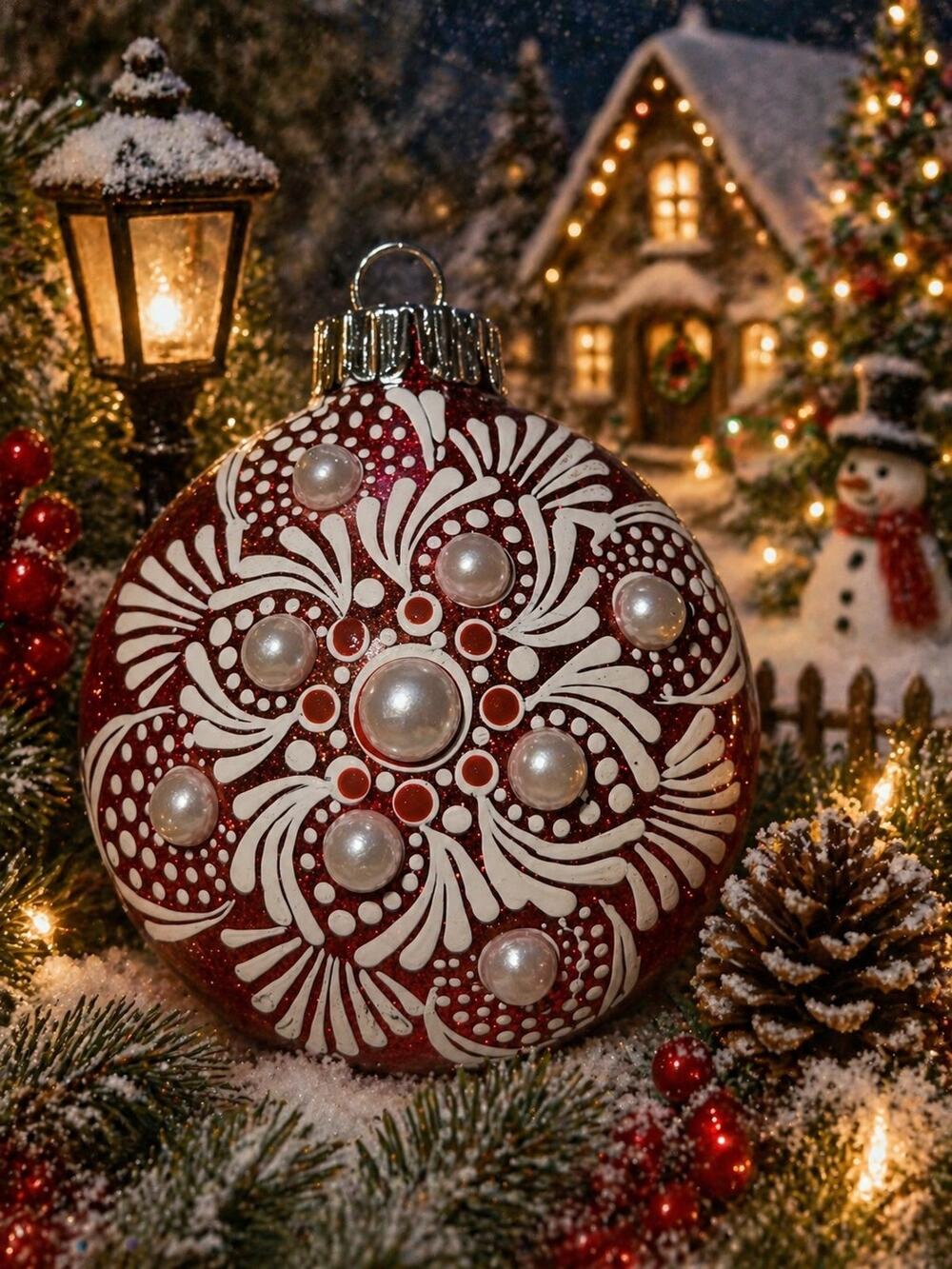 Hand Painted Red Pearl Christmas Ornament Mandala Style 3" Shatterproof - Picture 1 of 2